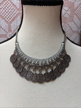 Boho Silver-Tone Coin Bib Statement Necklace